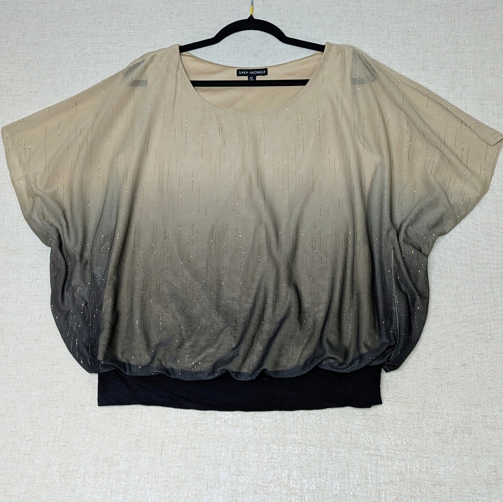 Sara Michelle Tan Black Ombré Blouse Gold Metallic Shimmer M